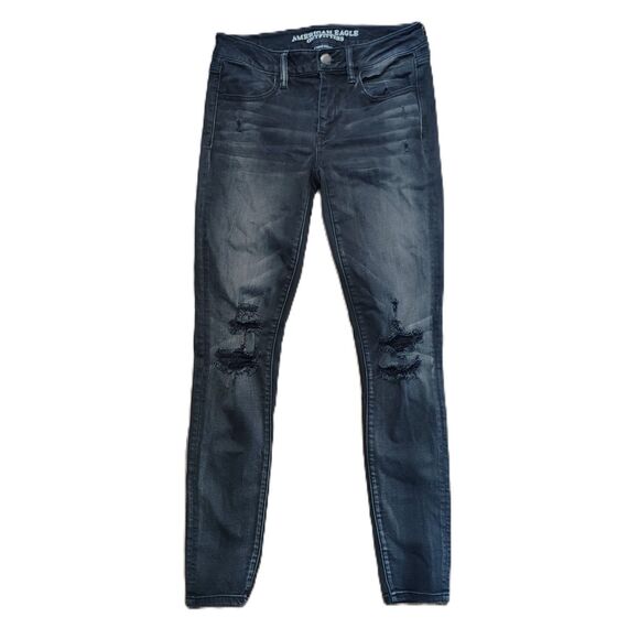 AMERICAN EAGLE Mid Rise Jegging Sz 4 Women's Black Distressed Stretch Jeans - Picture 1 of 4